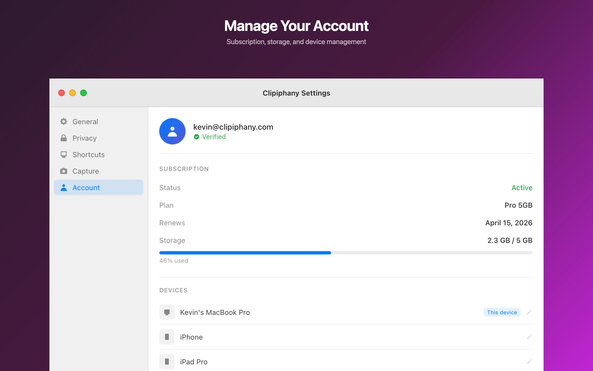 Account settings in light mode