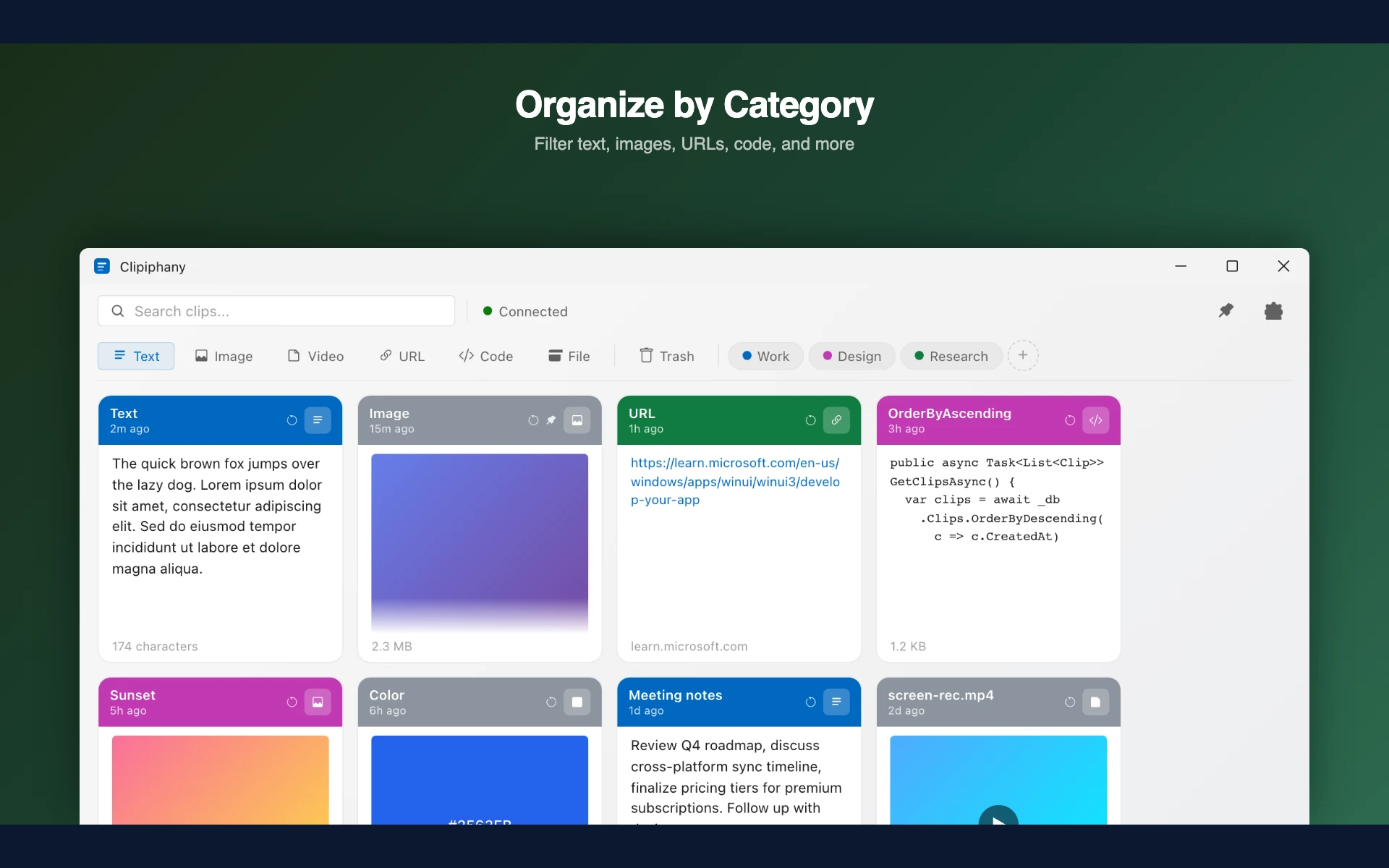 Organize by category on Windows